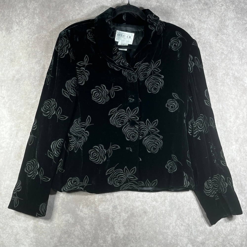 Vintage‎ Oscar dela Renta Jacket Womens 12 Black Velvet Burn Out Floral Party